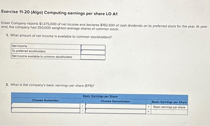 Exercise 11-20 (Algo) Computing earnings per share LO A1 Ecker Company reports