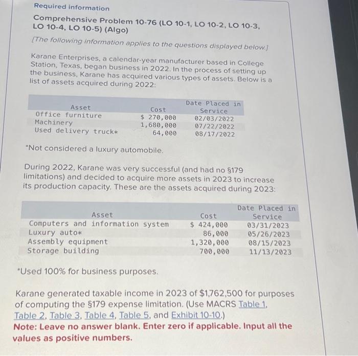 Required information Comprehensive Problem 10-76 (LO 10-1, LO 10-2, LO 10-3, LO