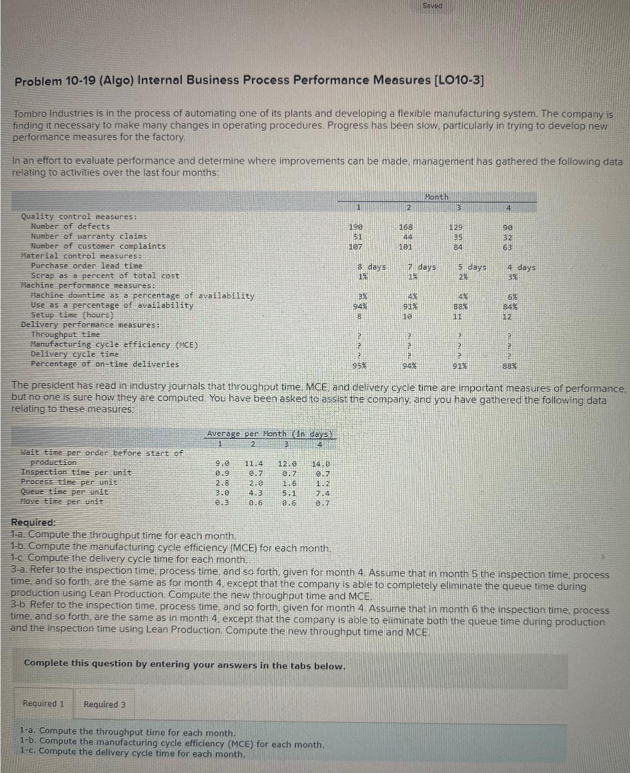 Saved Problem 10-19 (Algo) Internal Business Process Performance Measures [LO10-3] Tombro Industries