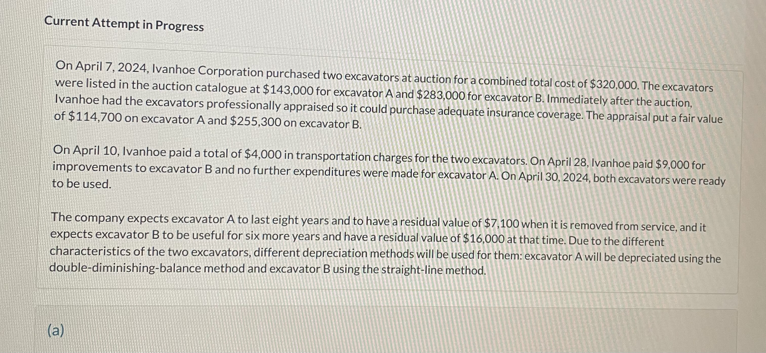 the purchase of the excavators, indicating the initial cost of each. (Credit