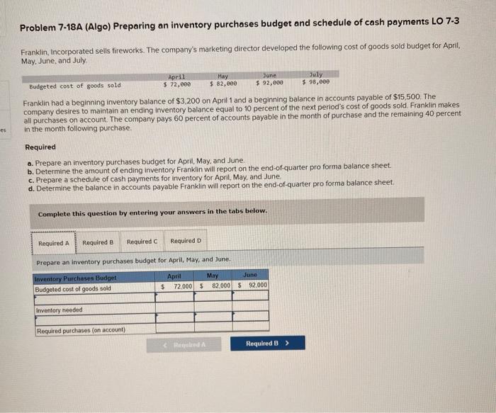es Problem 7-18A (Algo) Preparing an inventory purchases budget and schedule of