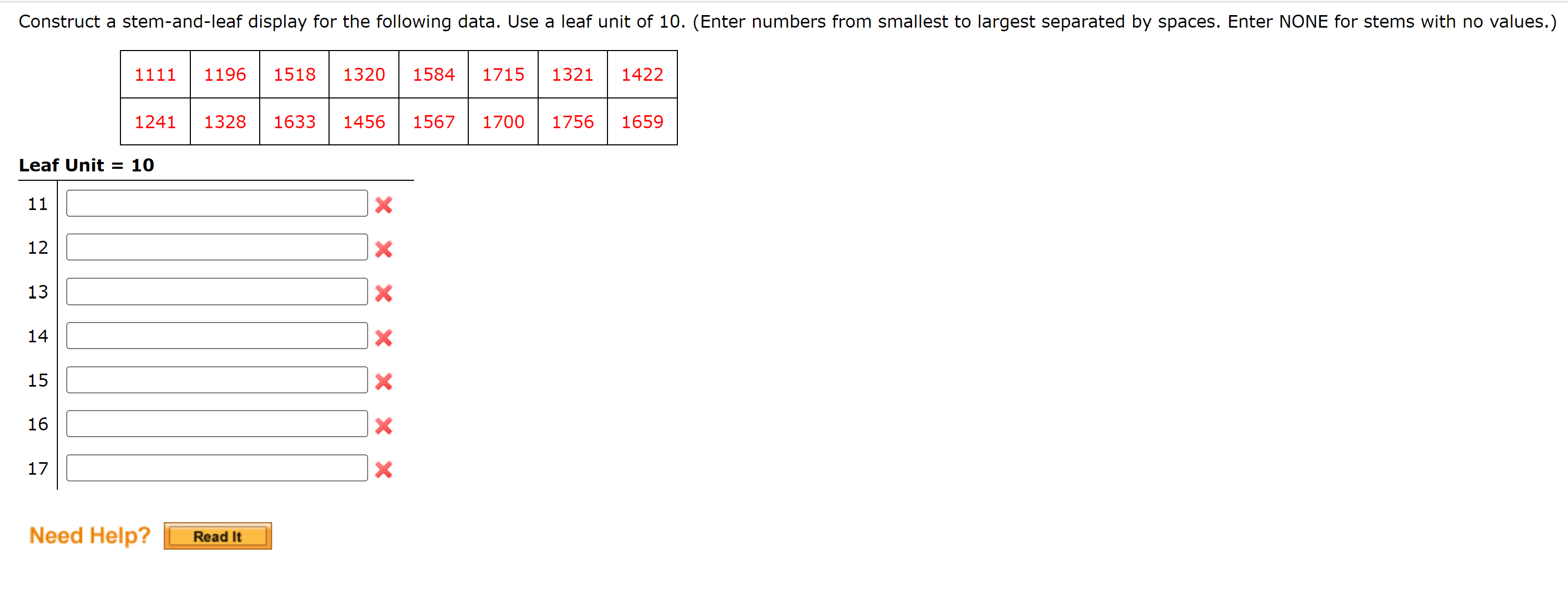 Construct a stem-and-leaf display for the following data. Use a leaf unit