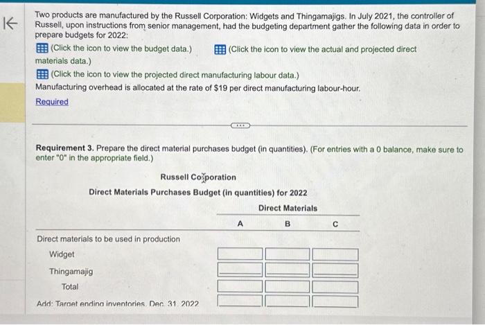 K Two products are manufactured by the Russell Corporation: Widgets and Thingamajigs.