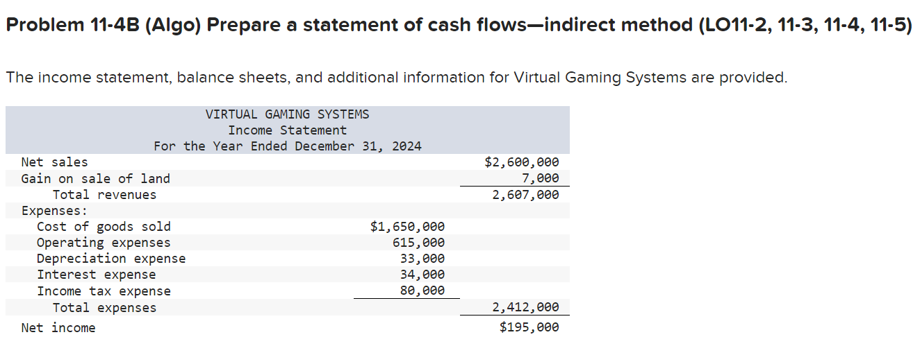 Problem 11-4B (Algo) Prepare a statement of cash flows-indirect method (LO11-2, 11-3,