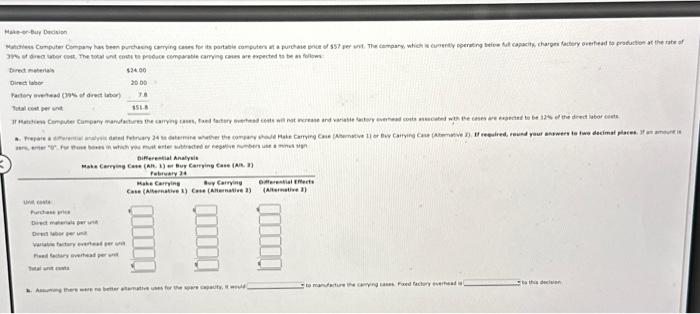 Make-or-buy Decision Matchless Computer Company has been purchasing carrying cases for its