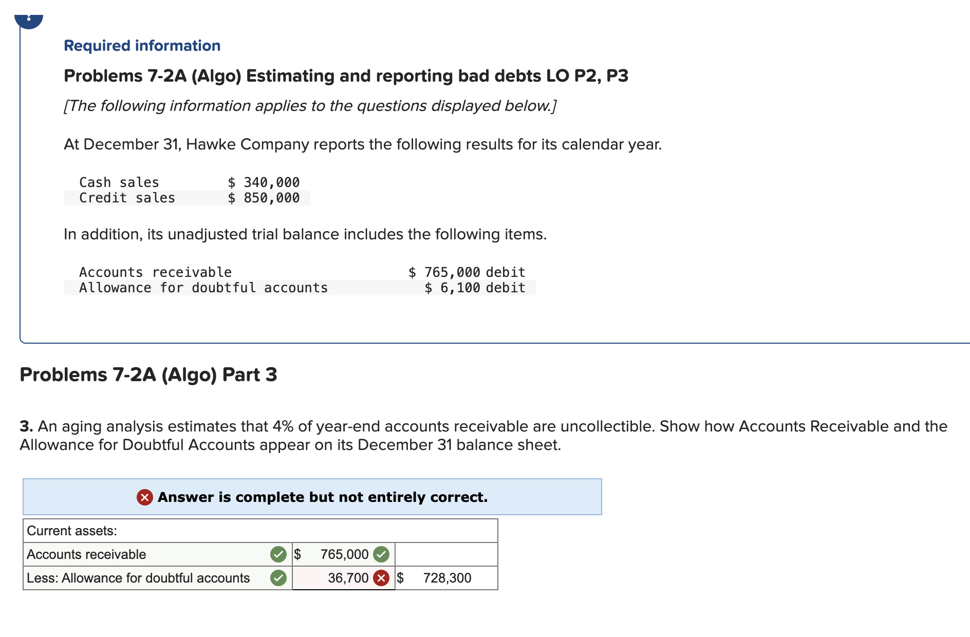 Required information Problems 7-2A (Algo) Estimating and reporting bad debts LO P2,