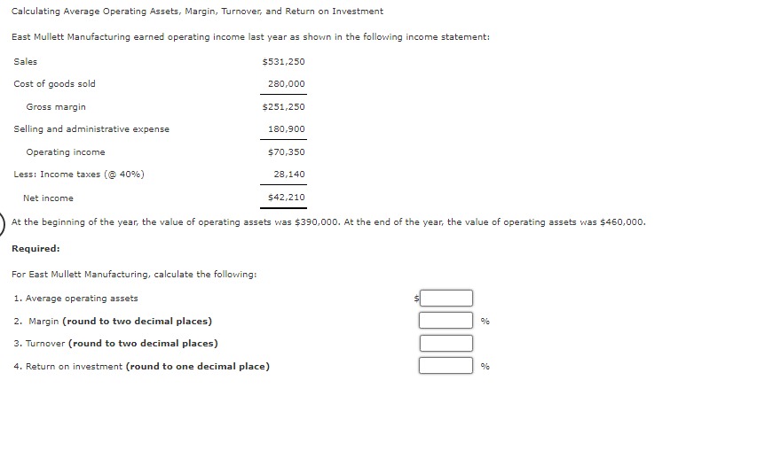 Calculating Average Operating Assets, Margin, Turnover, and Return on Investment East Mullett