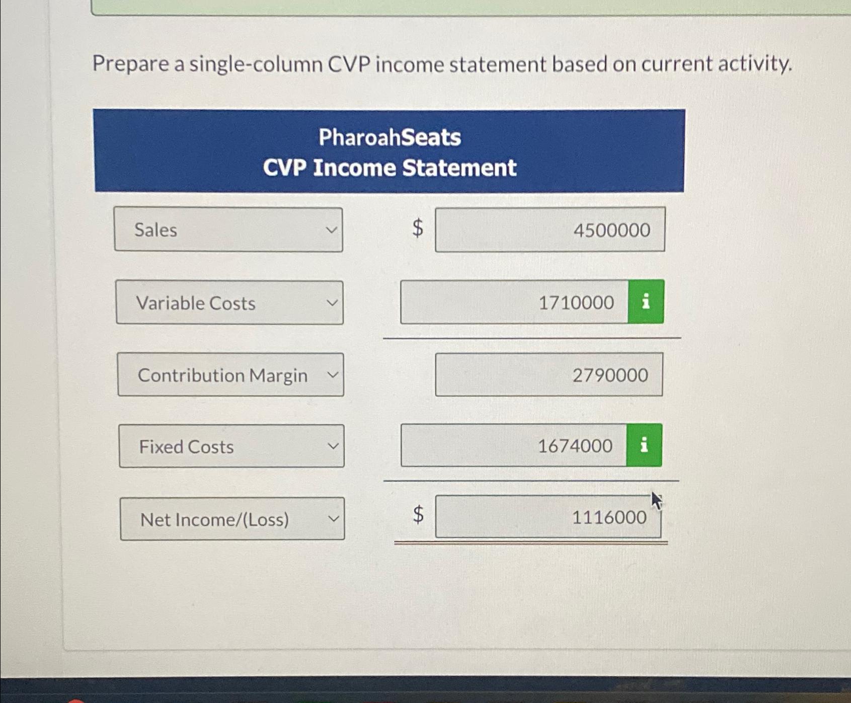 Prepare a single-column CVP income statement based on current activity. Sales Variable