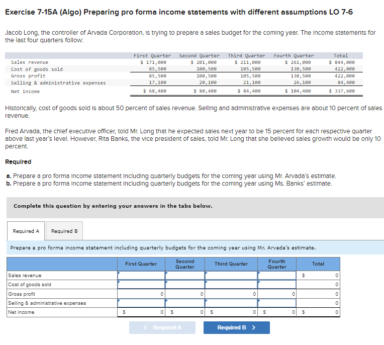 Exercise 7-15A (Algo) Preparing pro forma income statements with different assumptions LO