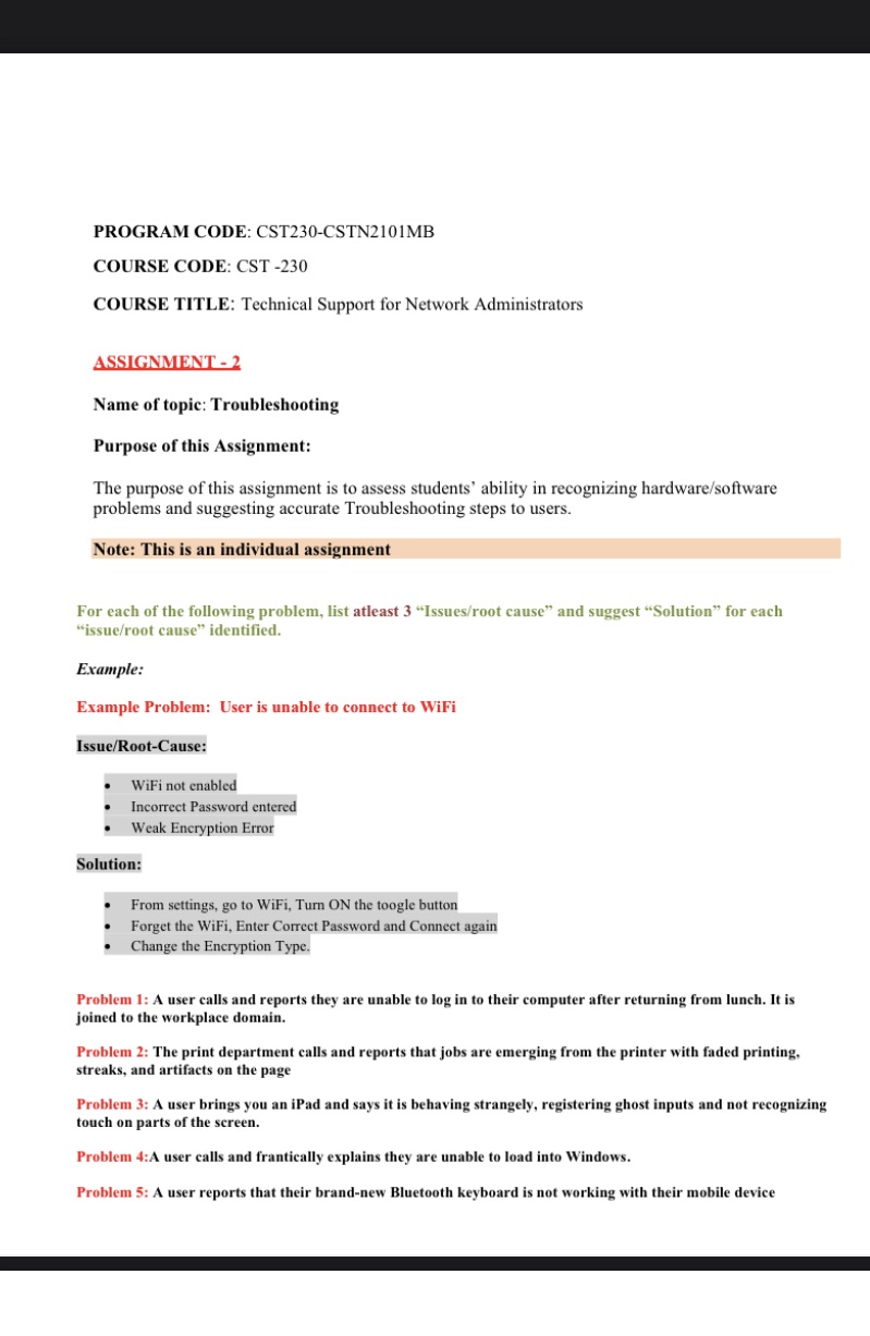 PROGRAM CODE: CST230-CSTN2101MB COURSE CODE: CST-230 COURSE TITLE: Technical Support for Network