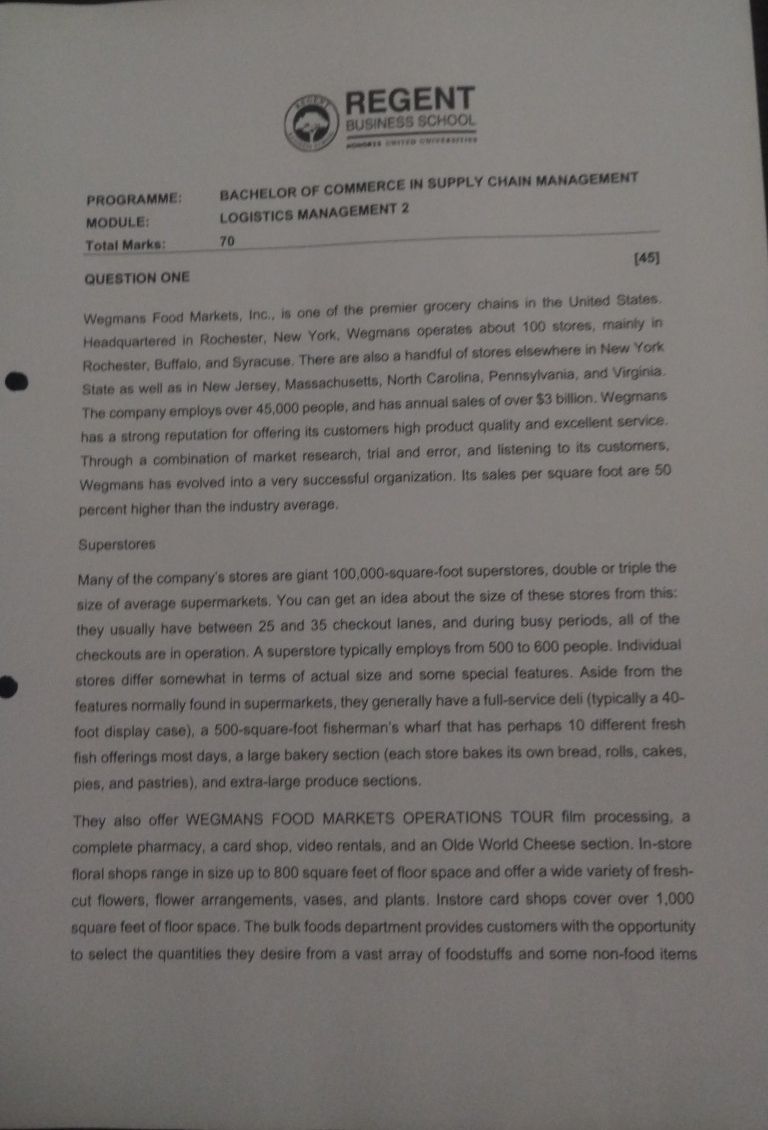 REGENT BUSINESS SCHOOL PROGRAMME: MODULE: Total Marks: QUESTION ONE BACHELOR OF COMMERCE