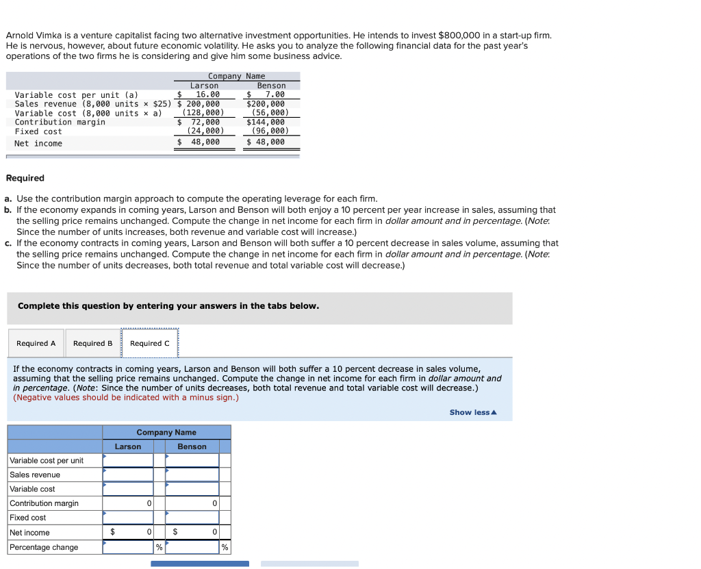 Arnold Vimka is a venture capitalist facing two alternative investment opportunities. He