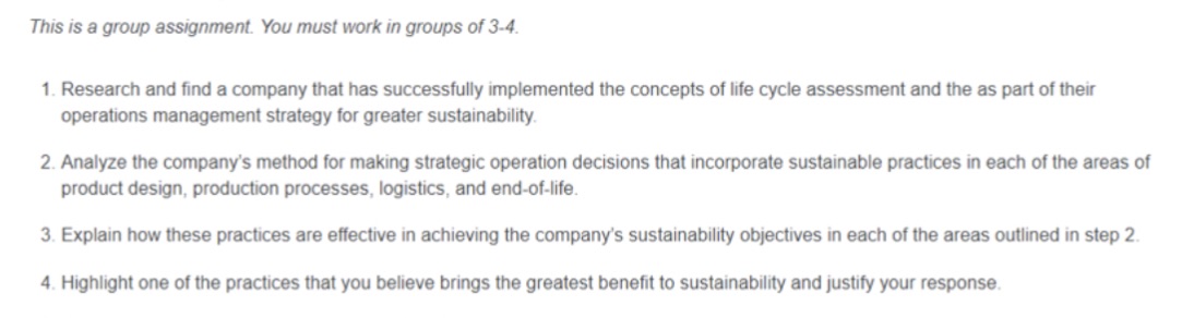 This is a group assignment. You must work in groups of 3-4.