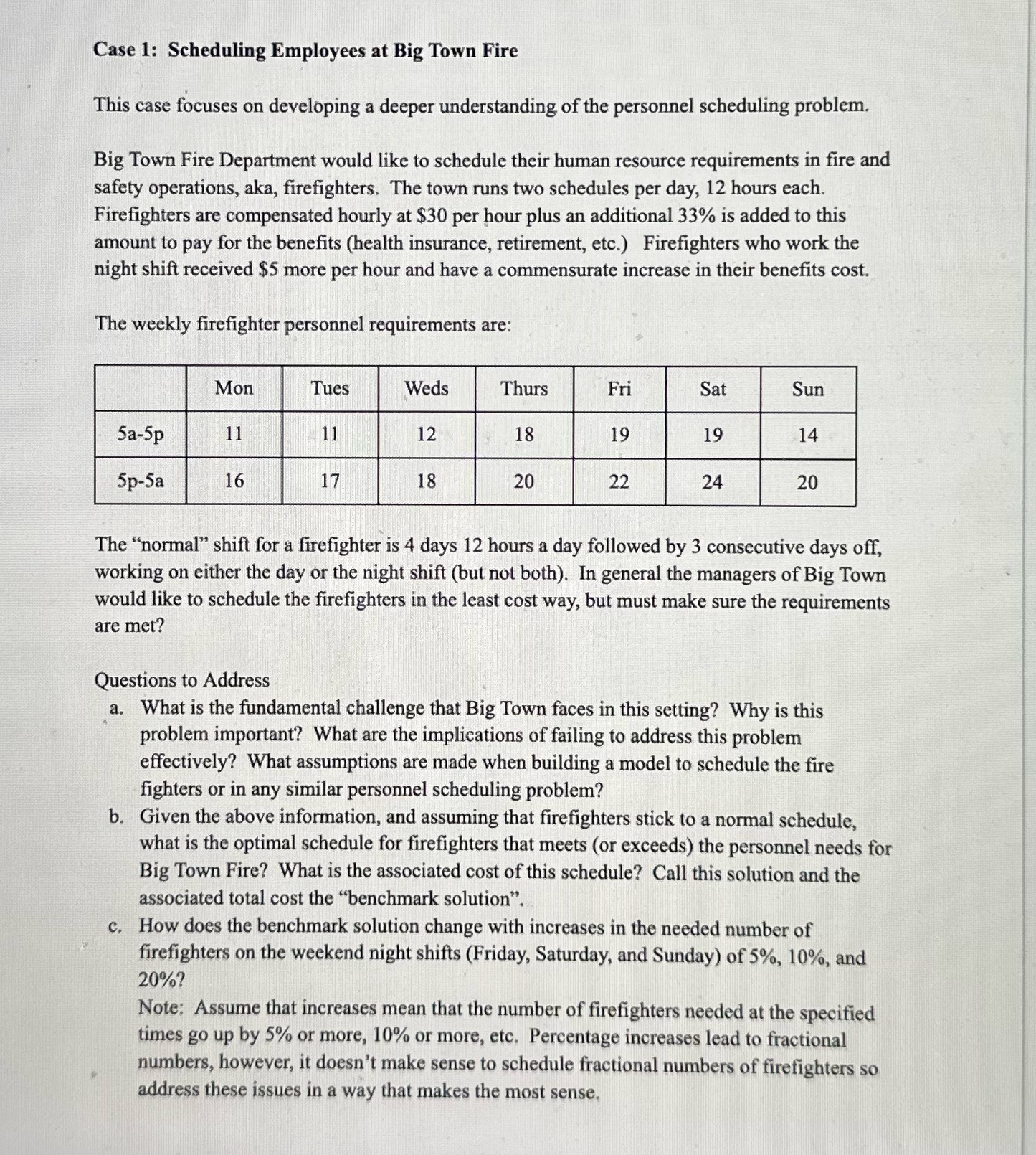 Case 1: Scheduling Employees at Big Town Fire This case focuses on