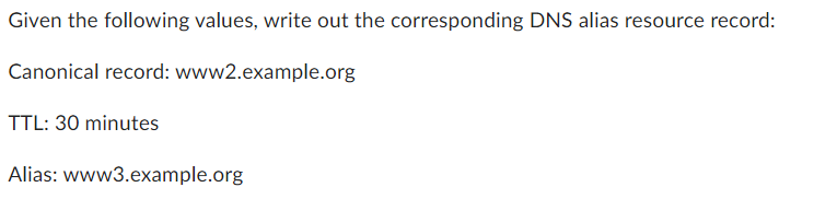Given the following values, write out the corresponding DNS alias resource record:
