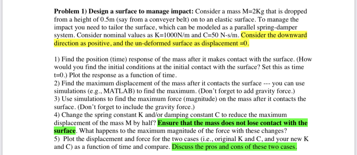 Problem 1) Design a surface to manage impact: Consider a mass M=2Kg