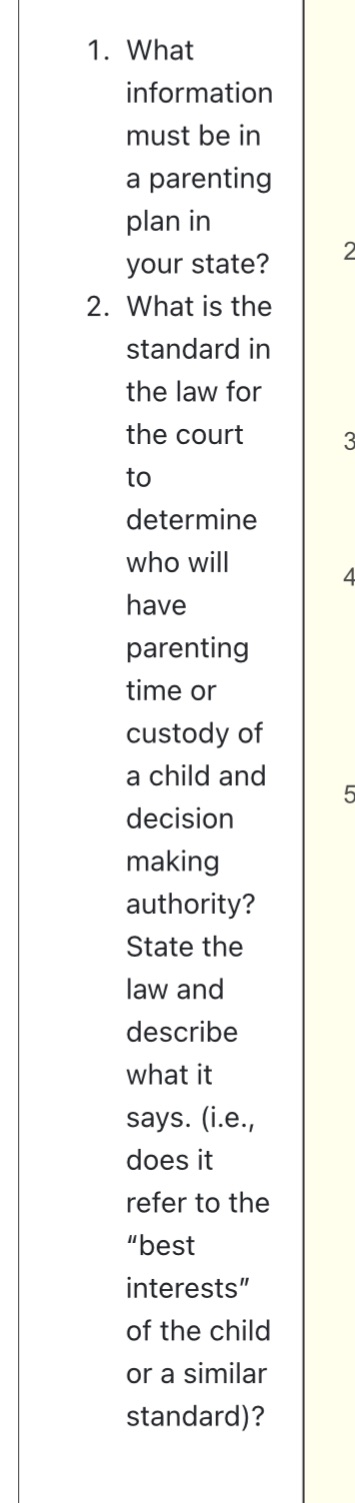 1. What information must be in a parenting plan in your state?