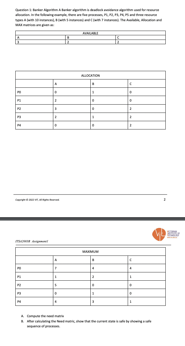 Question 1: Banker Algorithm A Banker algorithm is deadlock avoidance algorithm used