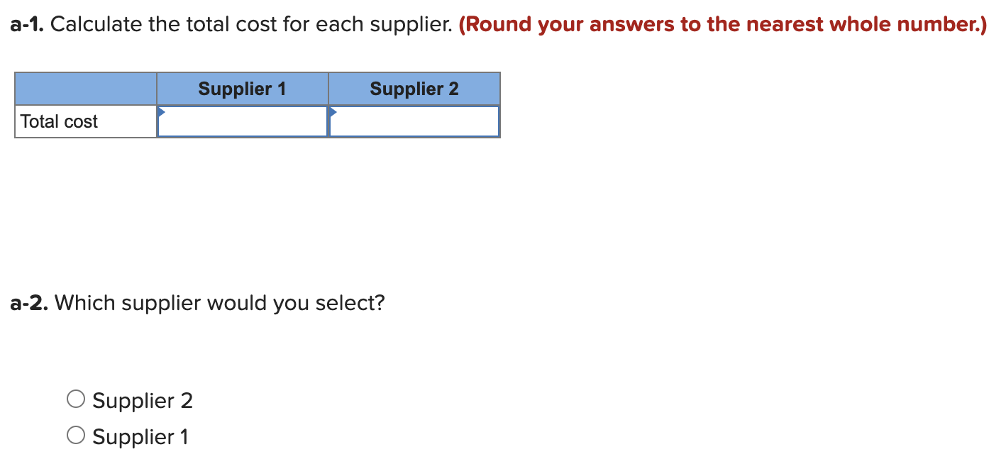 1,500 to 2,999 units/order 3,000 units/order Tooling costs Distance SUPPLIER 1 SUPPLIER