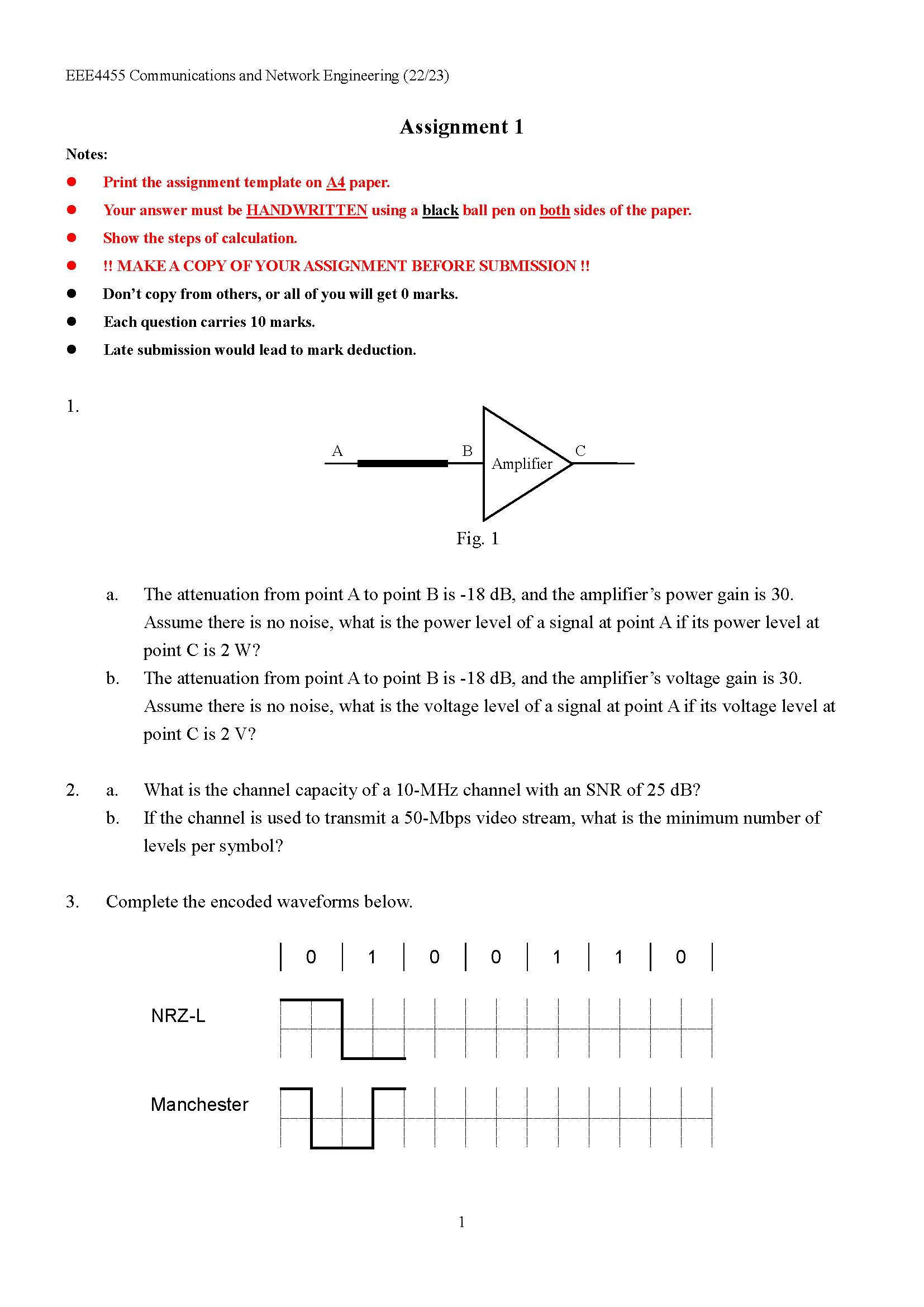 EEE4455 Communications and Network Engineering (22/23) Assignment 1 Notes: Print the assignment