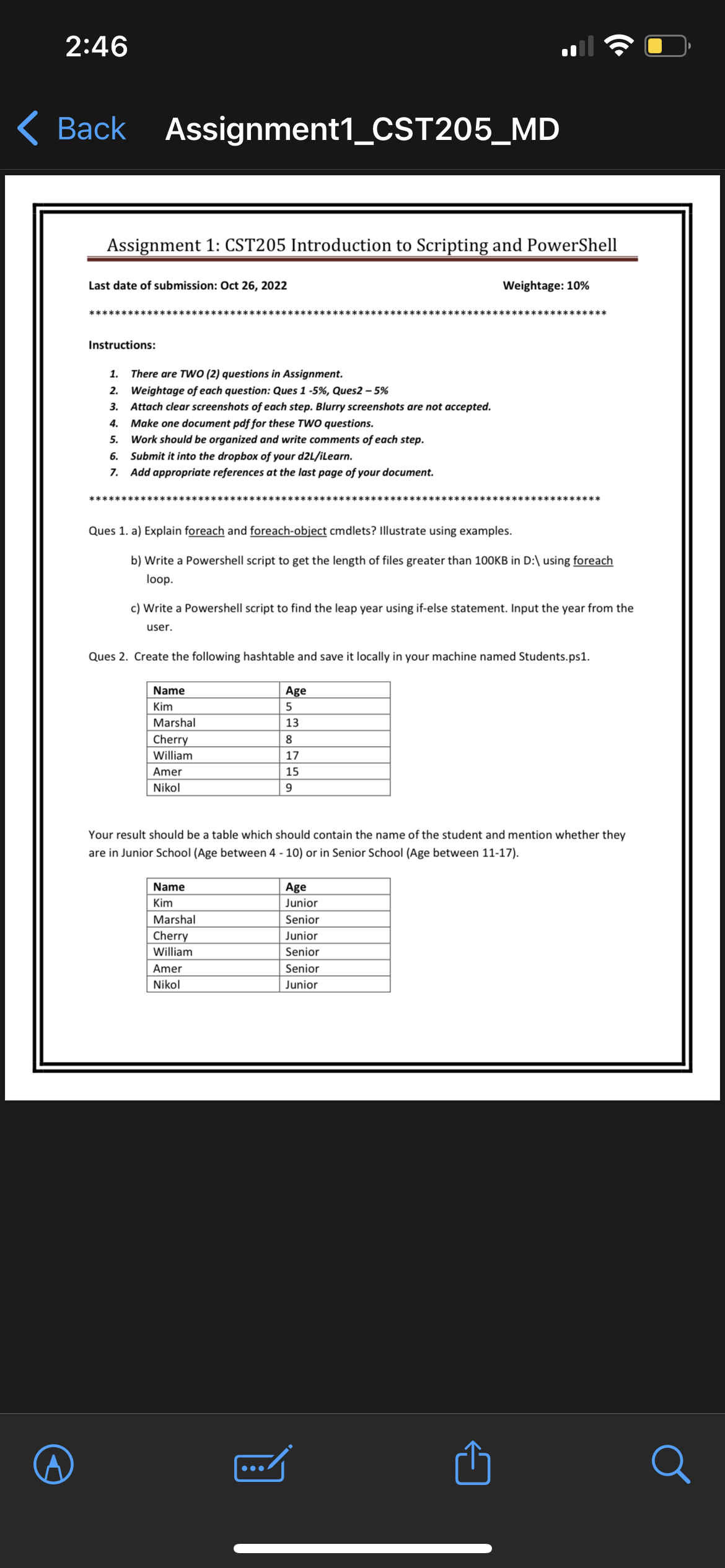 2:46 Back Assignment1_CST205_MD Assignment 1: CST205 Introduction to Scripting and PowerShell Last