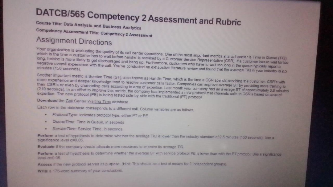 DATCB/565 Competency 2 Assessment and Rubric Course Title: Data Analysis and Business