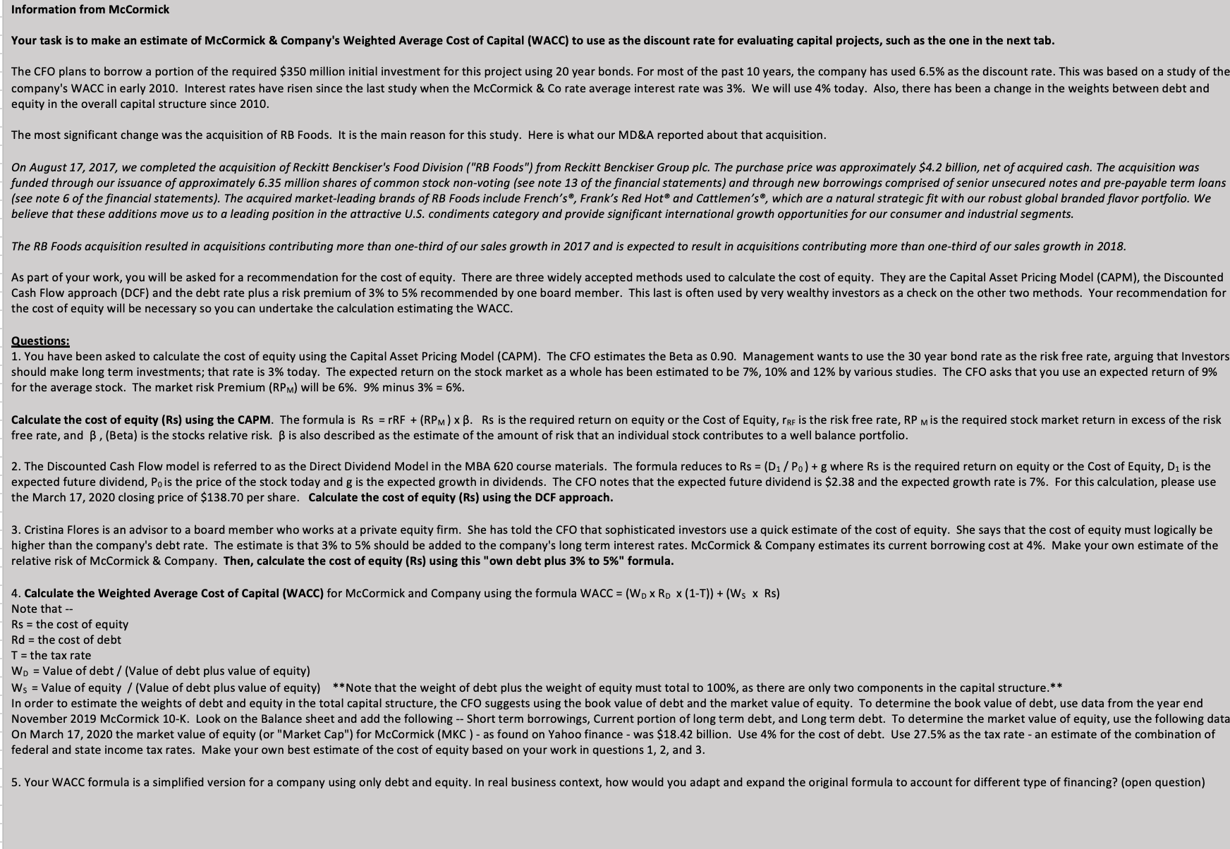 Information from McCormick Your task is to make an estimate of McCormick