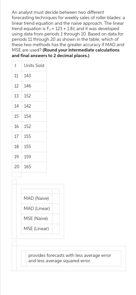 An analyst must decide between two different forecasting techniques for weekly sales