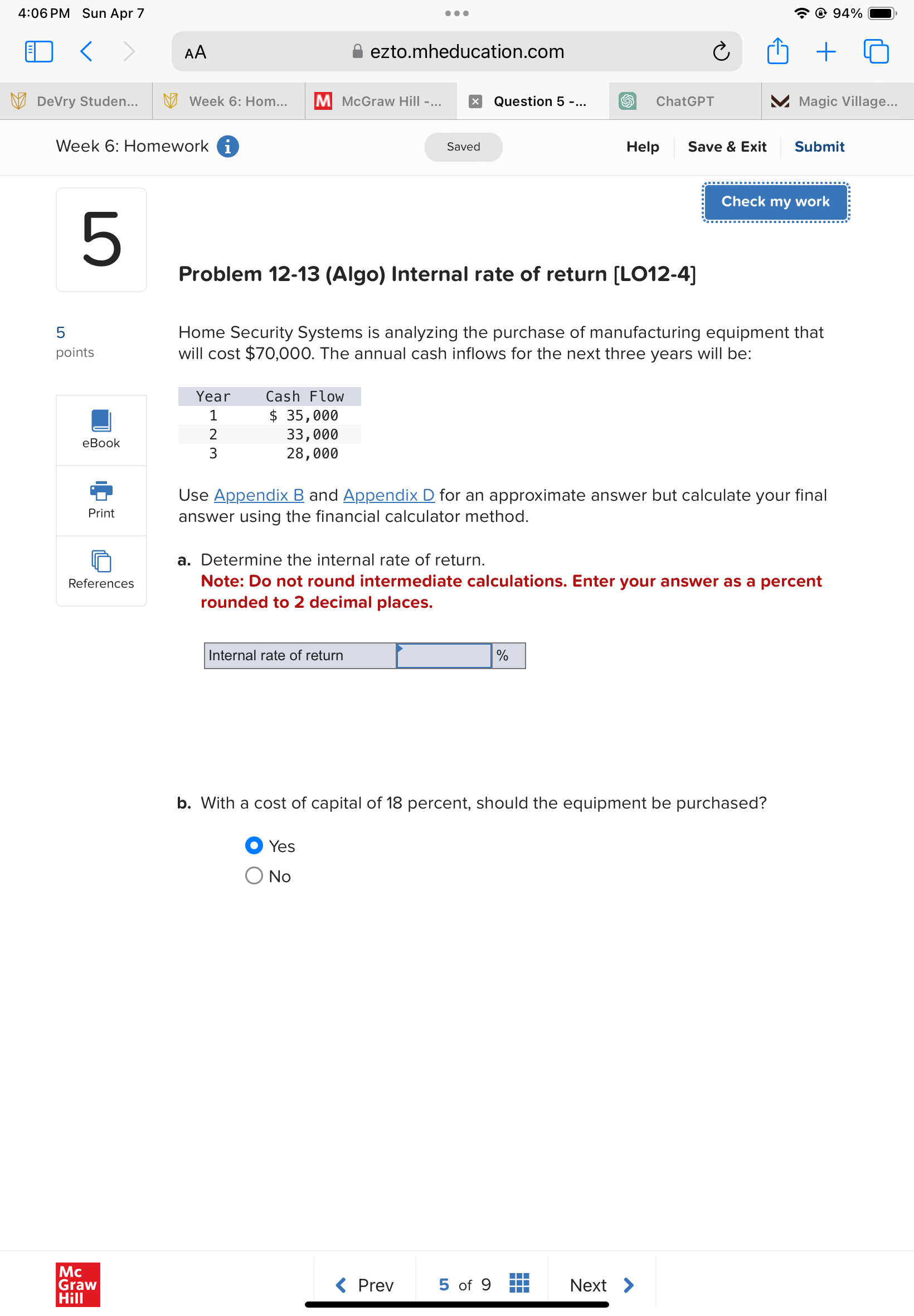 4:06 PM Sun Apr 7 ... < > AA ezto.mheducation.com DeVry Studen...