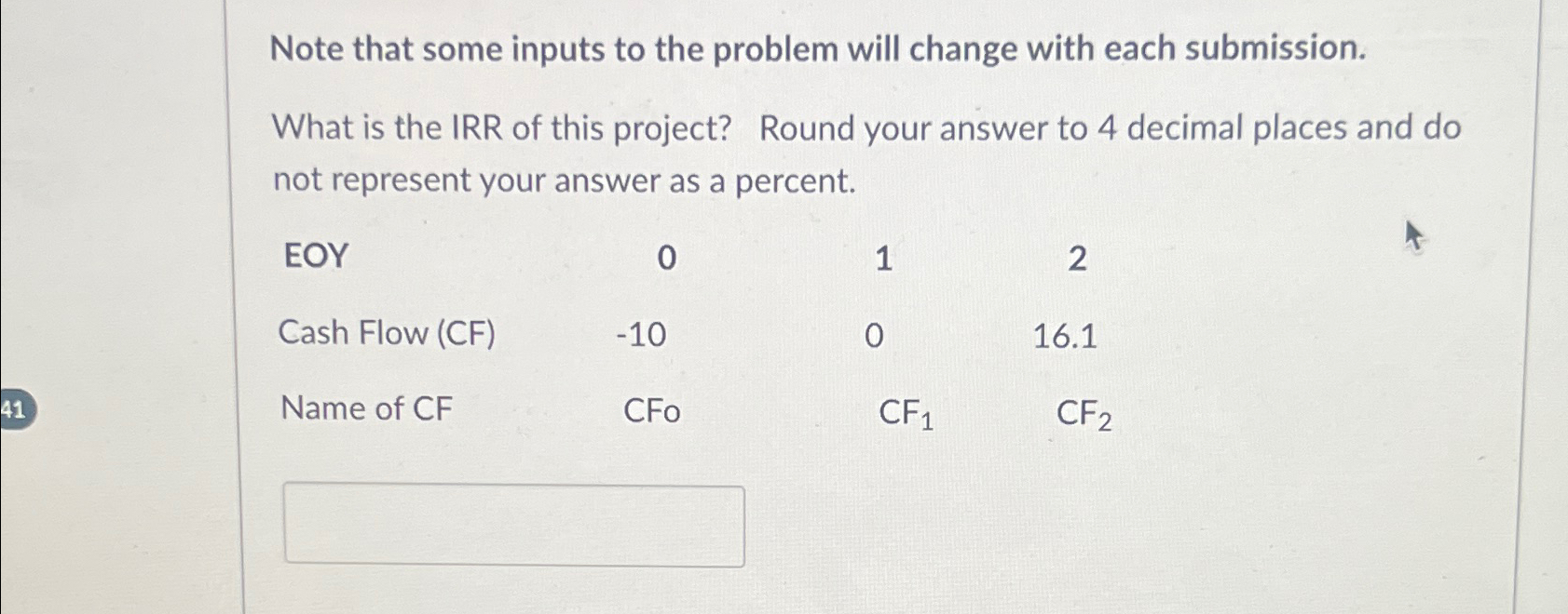 Note that some inputs to the problem will change with each submission.