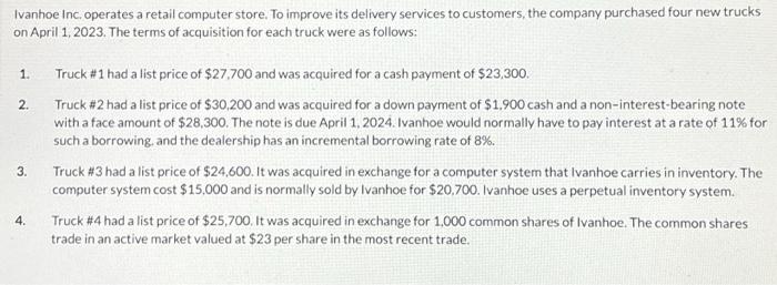 Ivanhoe Inc. operates a retail computer store. To improve its delivery services