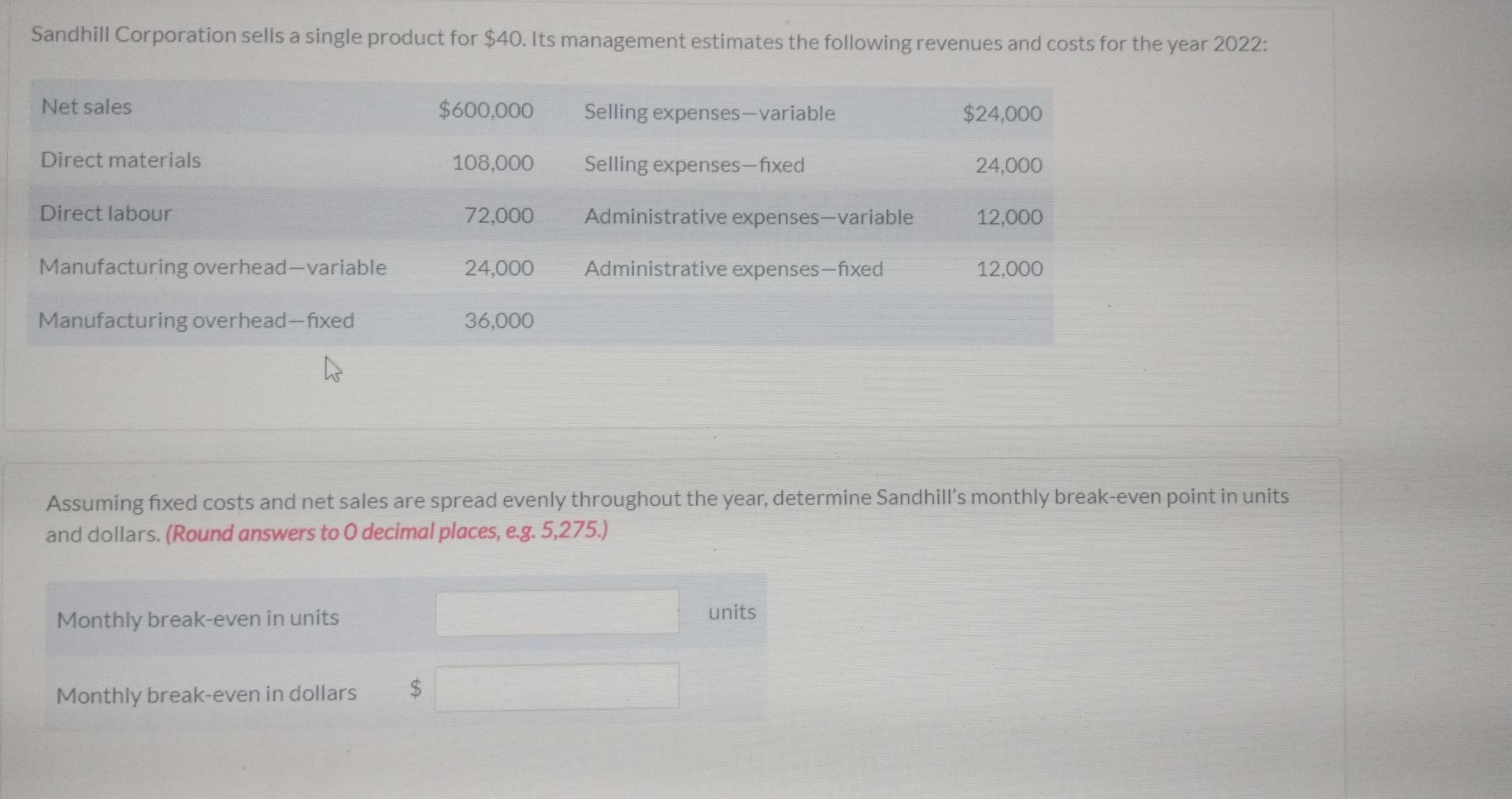 Sandhill Corporation sells a single product for $40. Its management estimates the