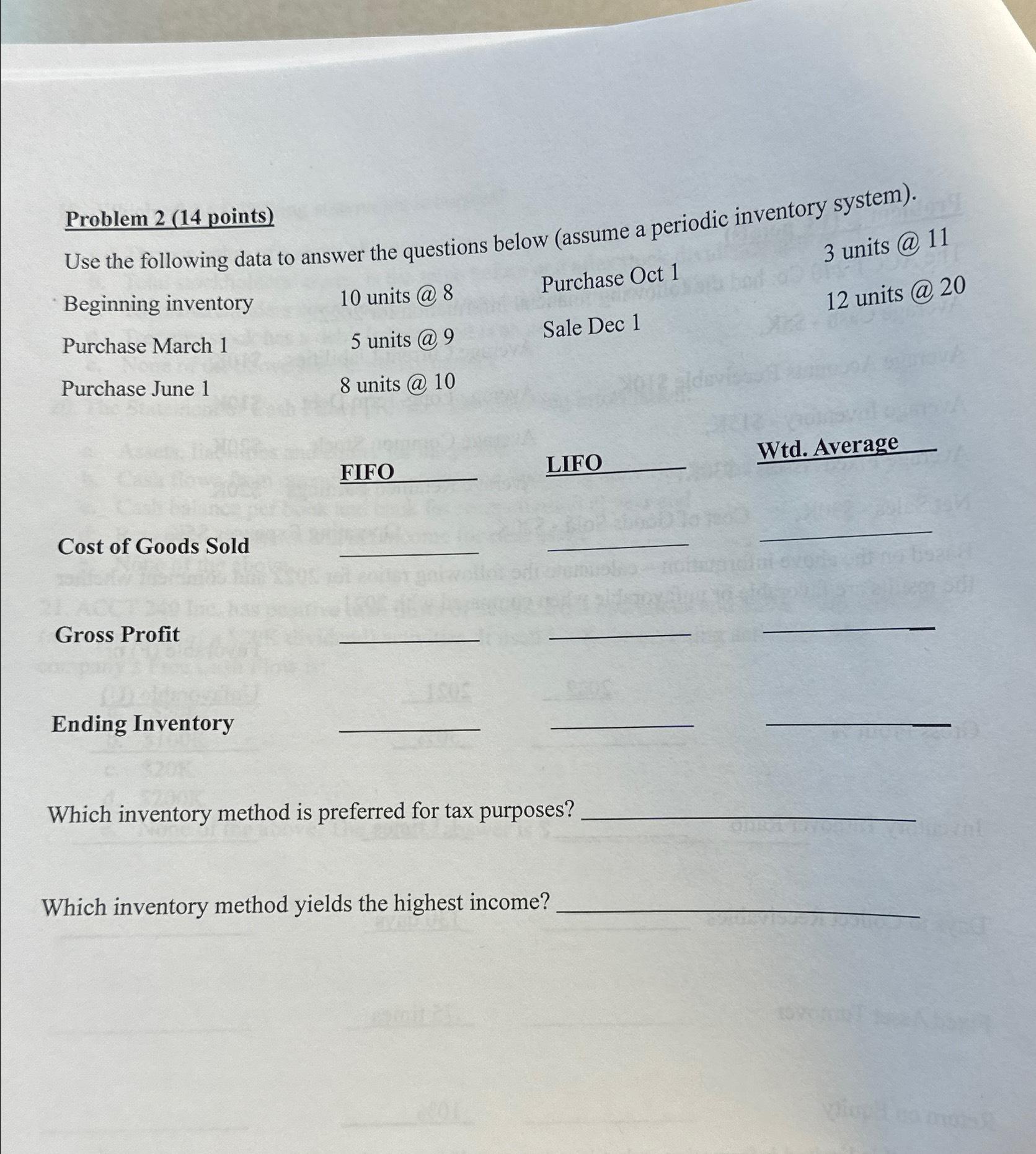 Problem 2 (14 points) Use the following data to answer the questions