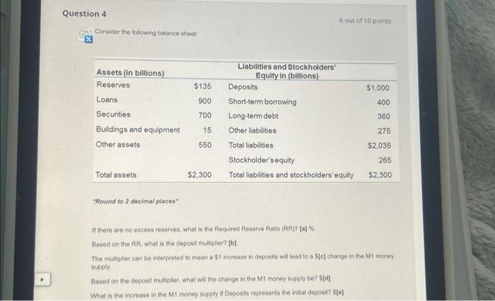in (billions) Reserves $135 Deposits $1,000 Loans 900 Short-term borrowing 400 Securities
