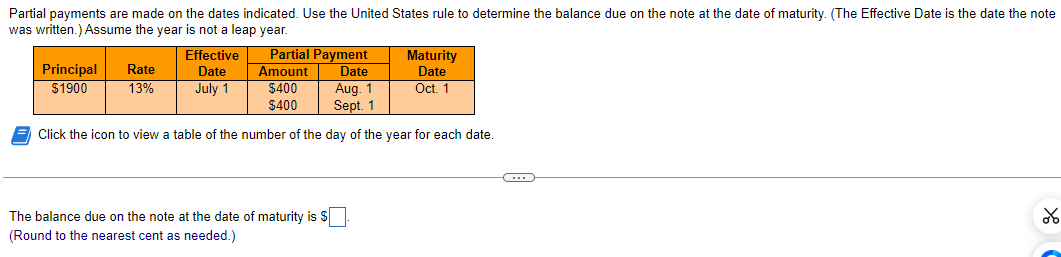Partial payments are made on the dates indicated. Use the United States