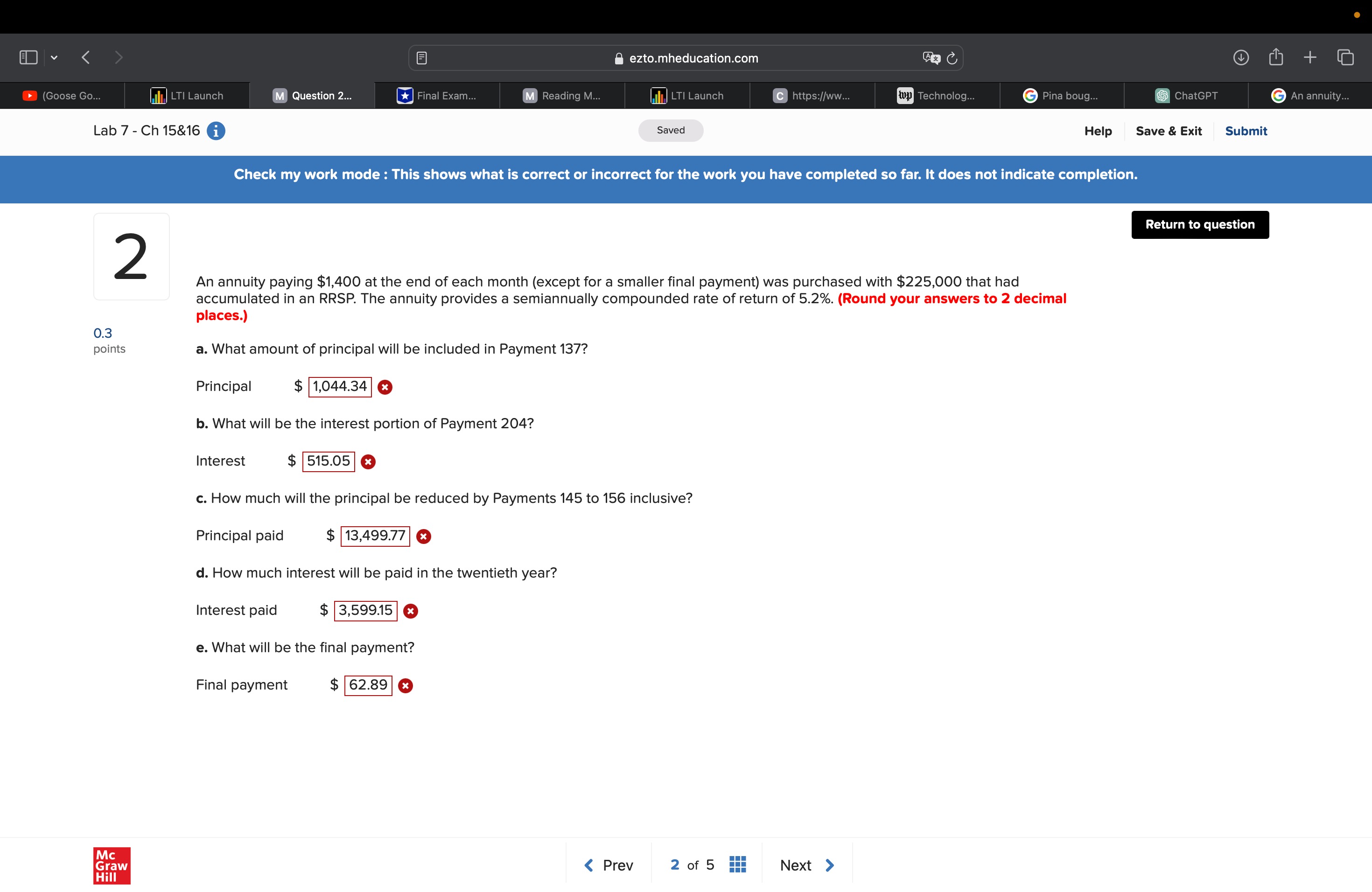 < ezto.mheducation.com + LTI Launch M Question 2... Final Exam... M Reading