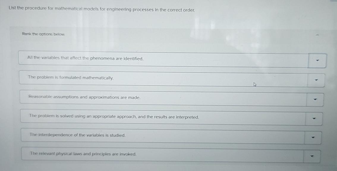 List the procedure for mathematical models for engineering processes in the correct