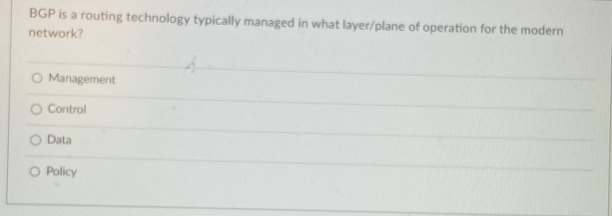 BGP is a routing technology typically managed in what layer/plane of operation
