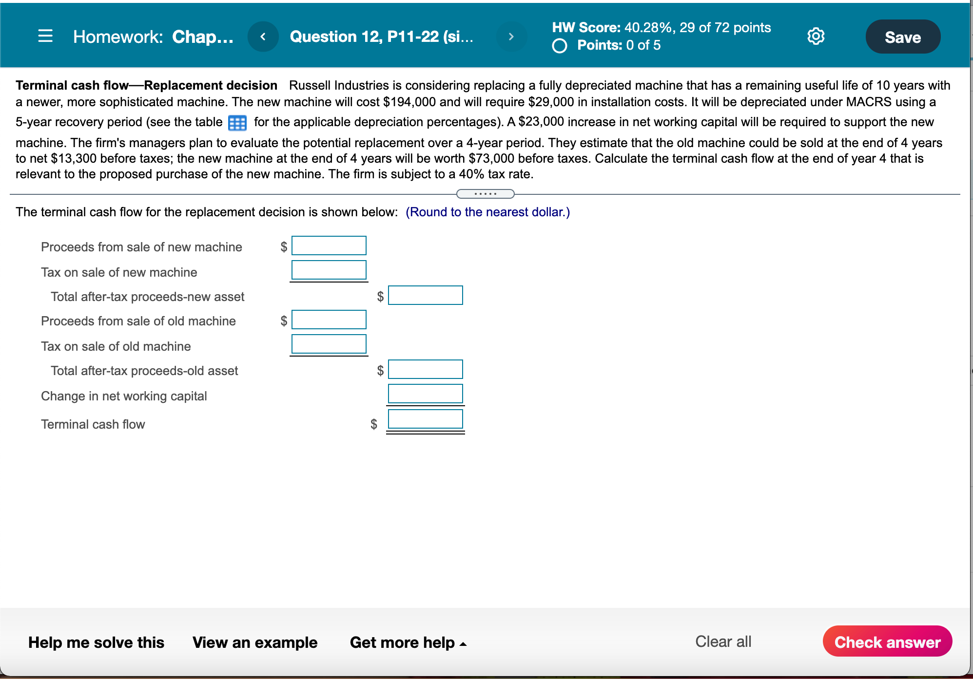 = Homework: Chap... < Question 12, P11-22 (si... > HW Score: 40.28%,