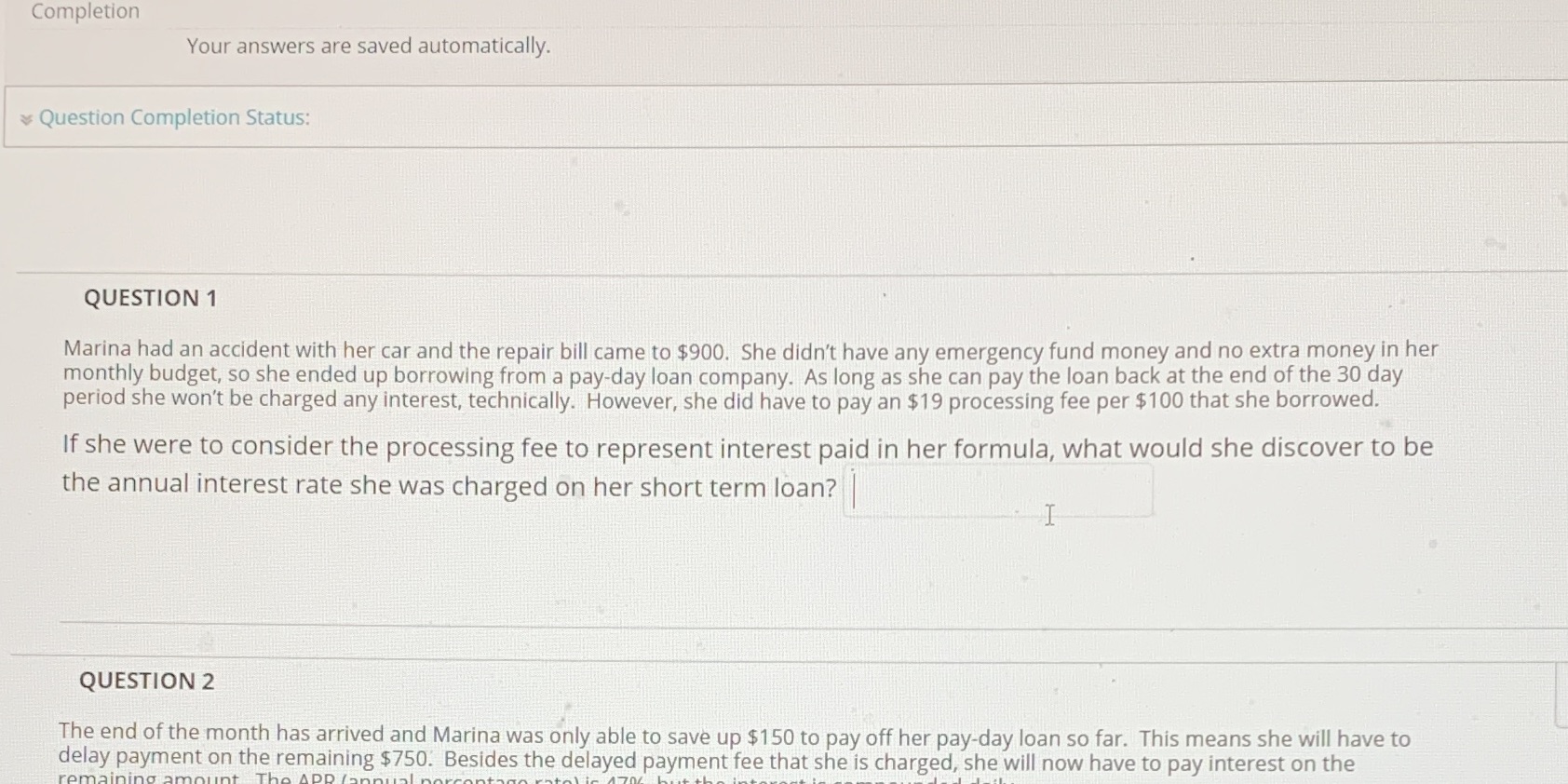 Completion Your answers are saved automatically. Question Completion Status: QUESTION 1 Marina