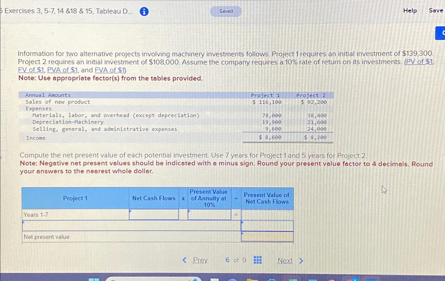 6 Exercises 3, 5-7, 14 &18 & 15, Tableau D... Saved Help