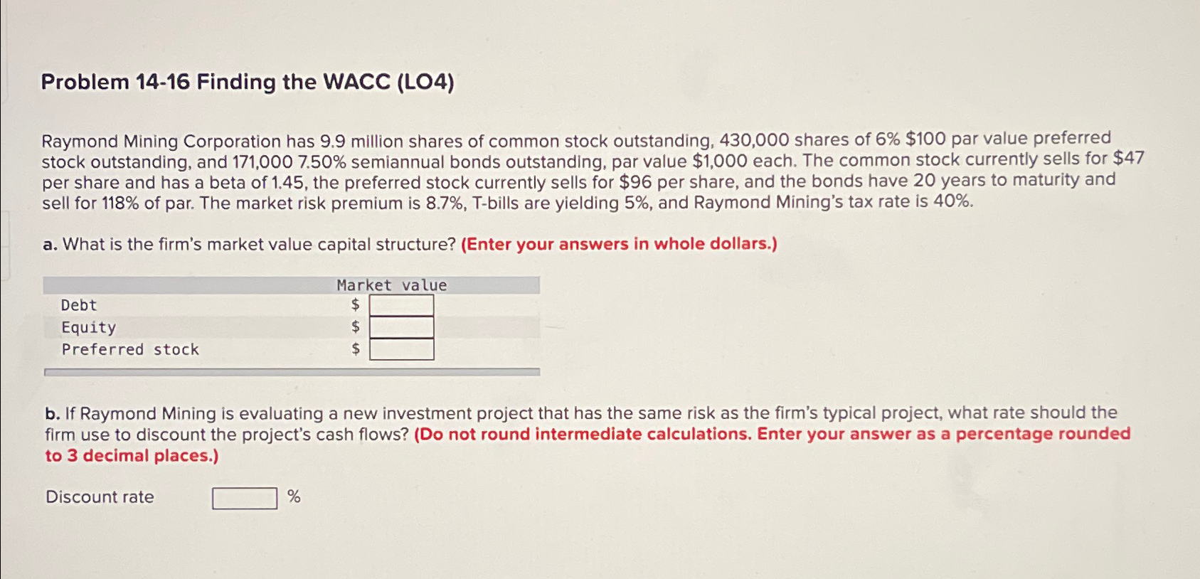 Problem 14-16 Finding the WACC (LO4) Raymond Mining Corporation has 9.9 million