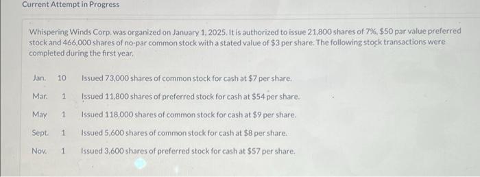 Current Attempt in Progress Whispering Winds Corp. was organized on January 1,