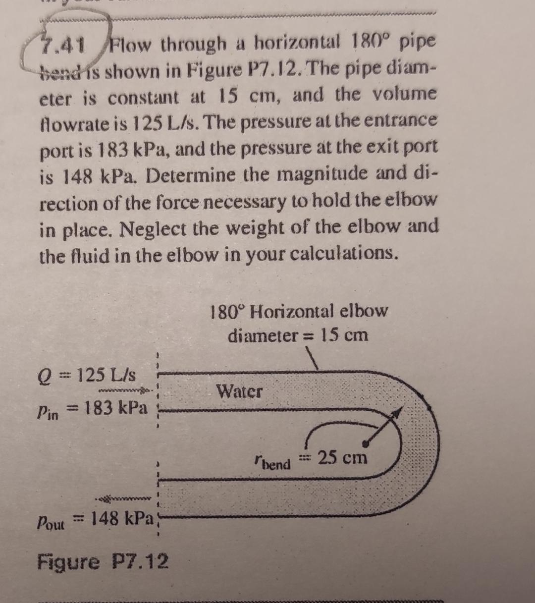 7.41 Flow through a horizontal 180 pipe bend is shown in Figure