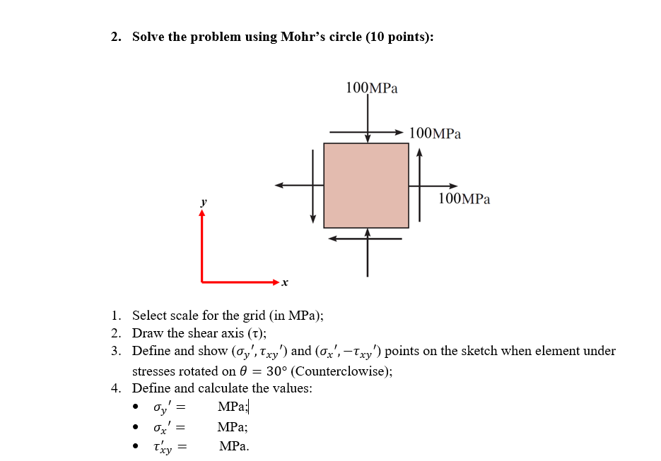 2. Solve the problem using Mohr's circle (10 points): x 100MPa 100MPa