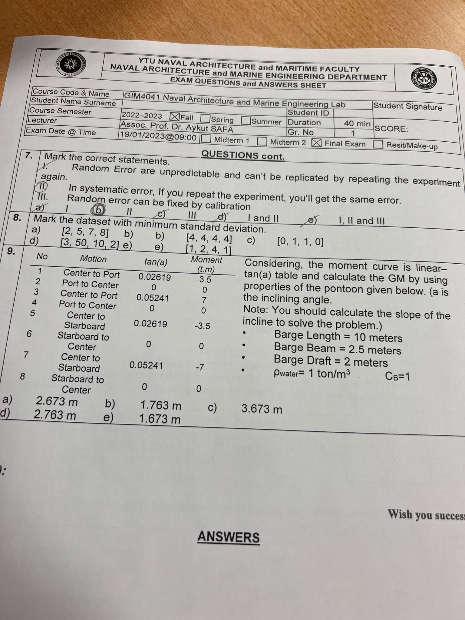 Course Code & Name YTU NAVAL ARCHITECTURE and MARITIME FACULTY NAVAL ARCHITECTURE