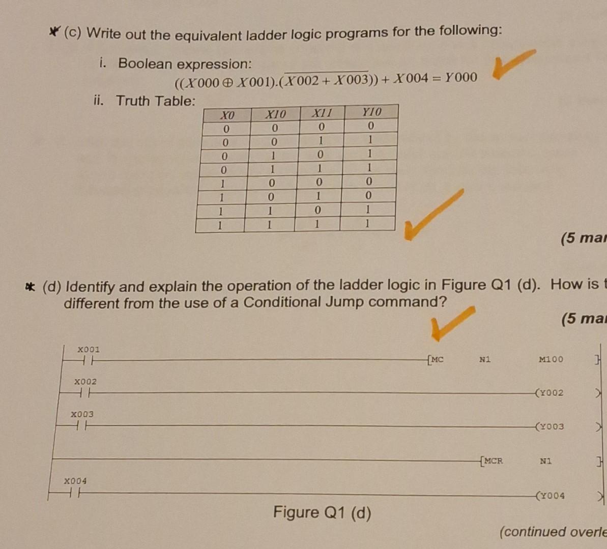 (c) Write out the equivalent ladder logic programs for the following: i.