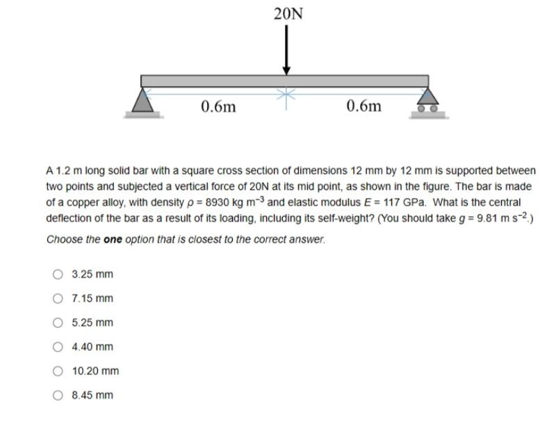 0.6m 20N 0.6m A 1.2 m long solid bar with a square