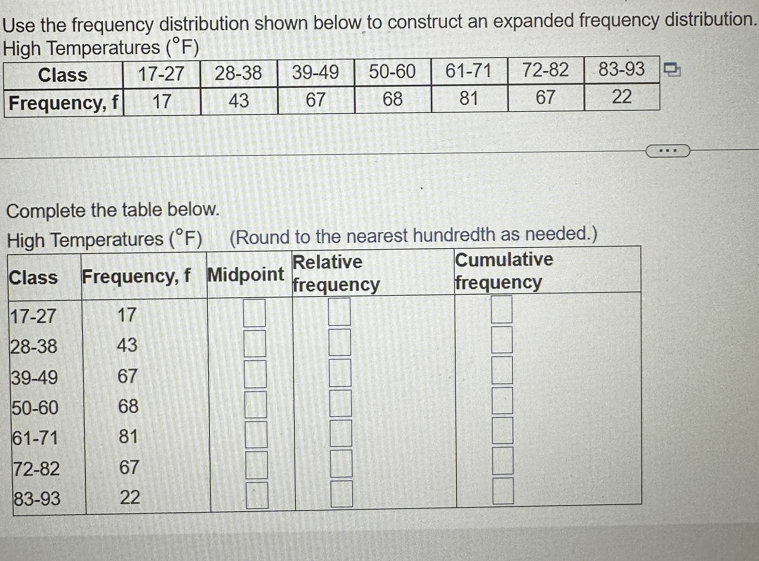 Use the frequency distribution shown below to construct an expanded frequency distribution.