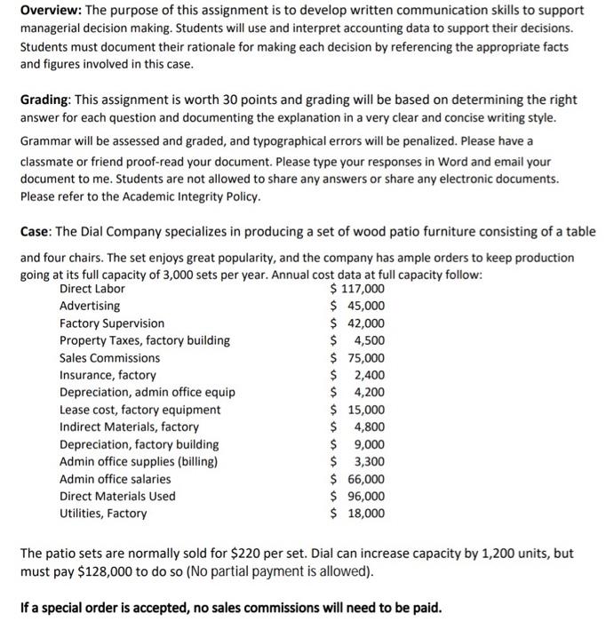 Overview: The purpose of this assignment is to develop written communication skills